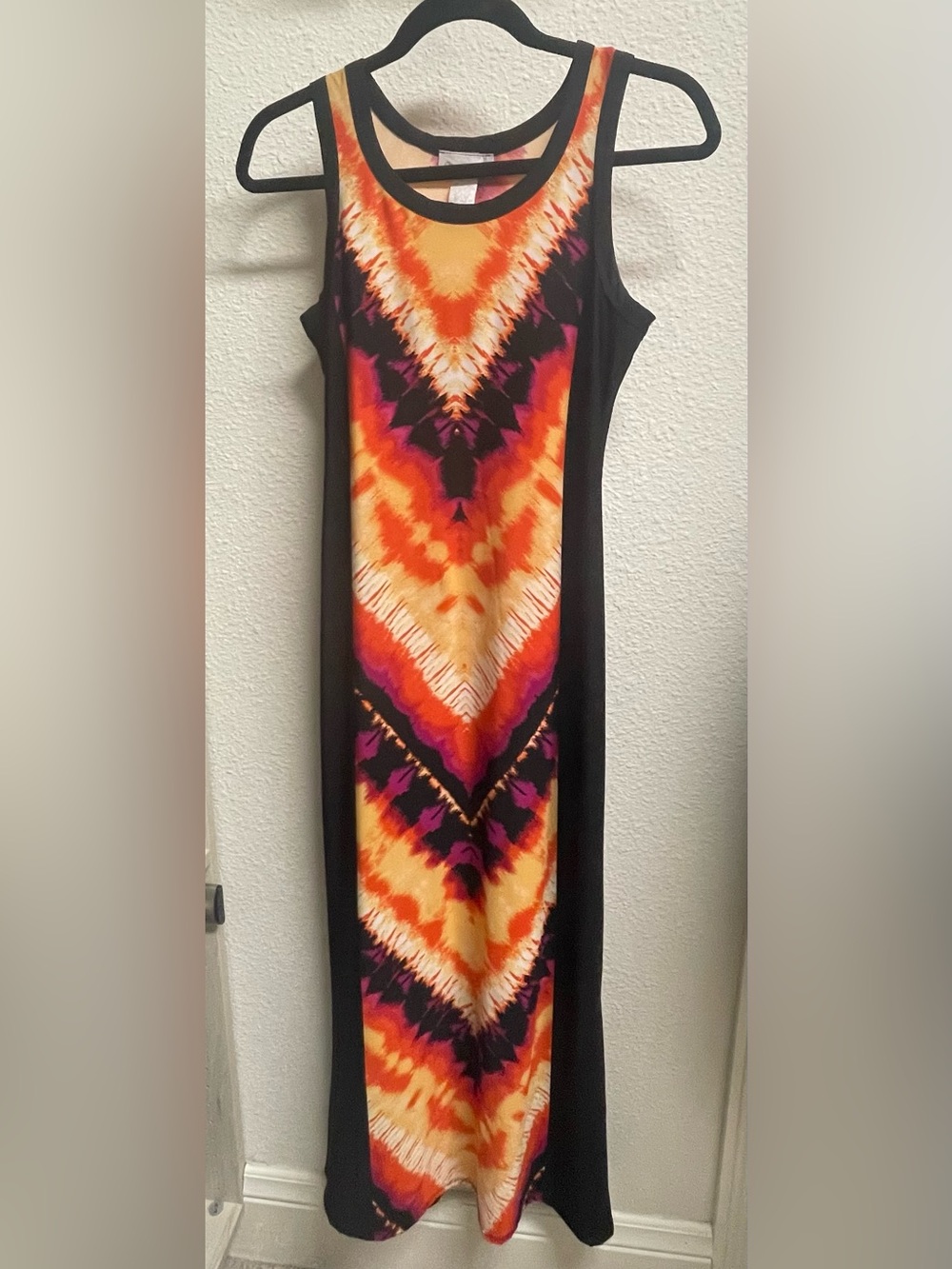 Olivia Matthews Black Maxi Dress with Orange, Red & Purple Chevron Print
